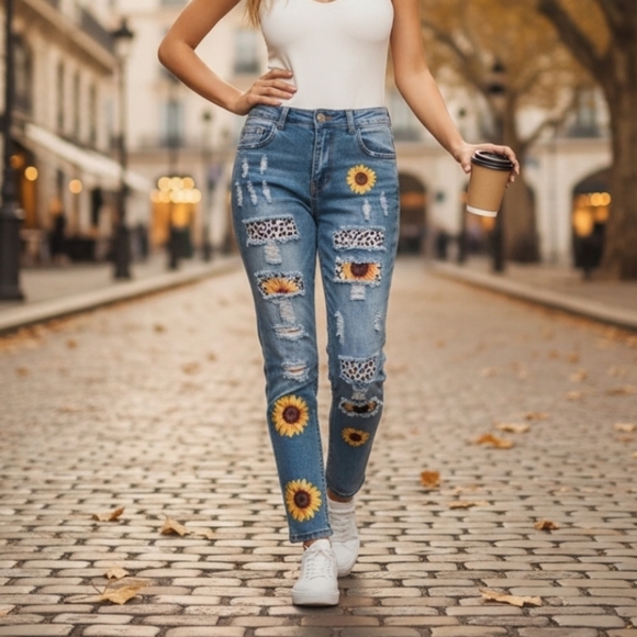 Source Unknown Denim - Sunflower Patch Ripped Boyfriend Denim Jeans Size 51 Women's 20